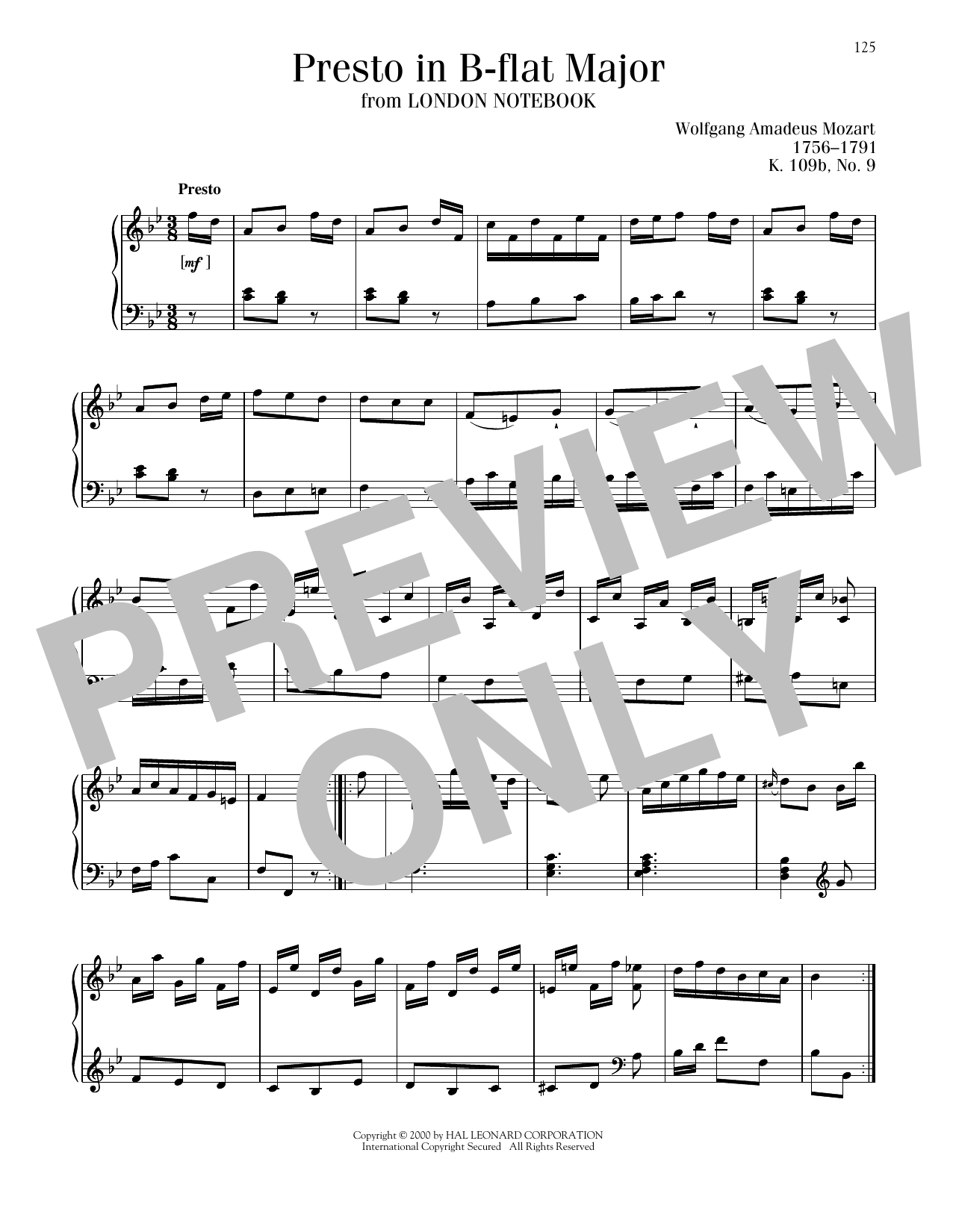 Wolfgang Amadeus Mozart Presto In B-Flat Major, K109b, No. 9 Sheet Music Notes & Chords for Piano Solo - Download or Print PDF