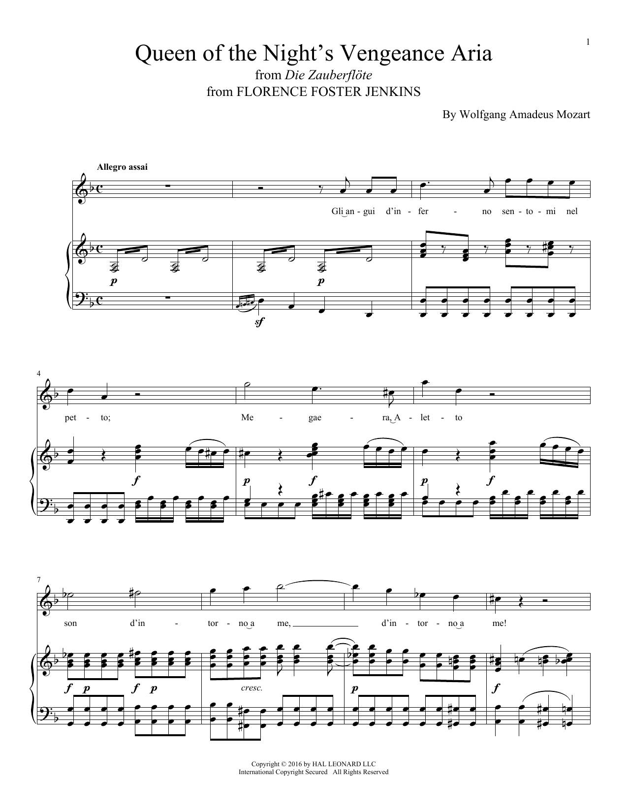 Wolfgang Amadeus Mozart Queen Of The Night's Vengeance Aria Sheet Music Notes & Chords for Piano Solo - Download or Print PDF