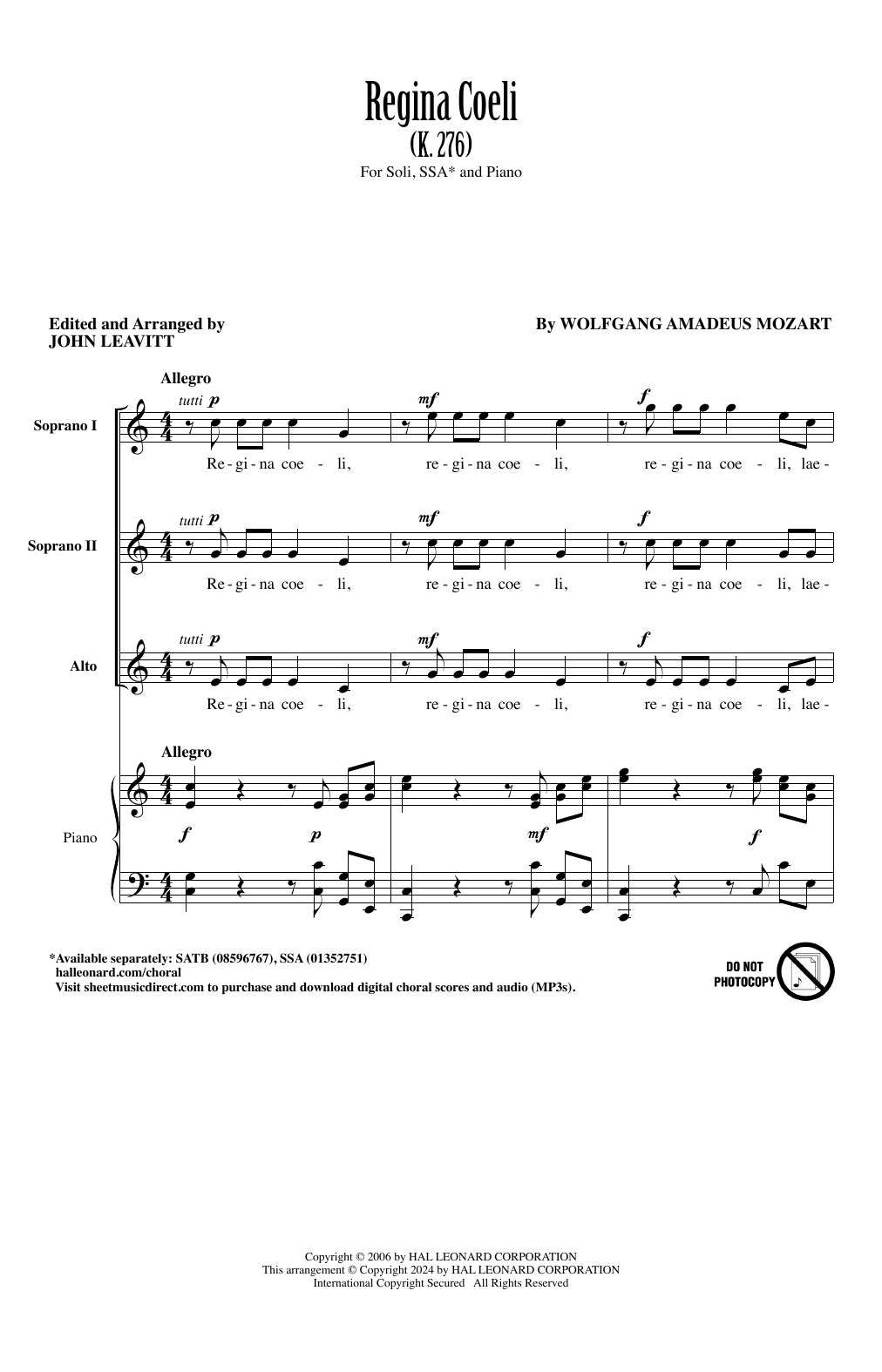 Wolfgang Amadeus Mozart Regina Coeli (K. 276) (arr. John Leavitt) Sheet Music Notes & Chords for SSA Choir - Download or Print PDF