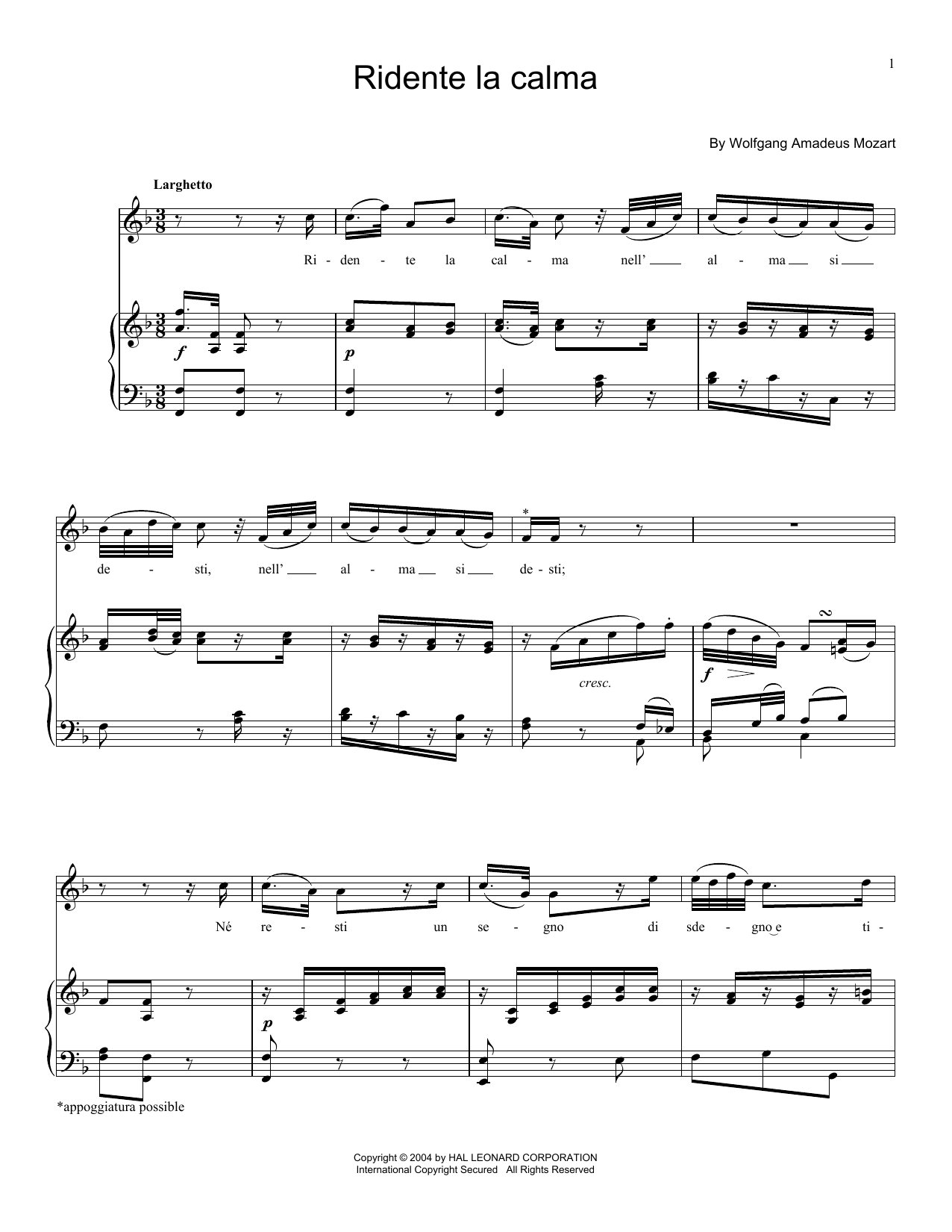 Wolfgang Amadeus Mozart Ridente La Calma, K. 152 Sheet Music Notes & Chords for Piano & Vocal - Download or Print PDF