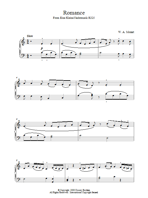 Wolfgang Amadeus Mozart Romance from Eine Kleine Nachtmusik K525 Sheet Music Notes & Chords for Beginner Piano - Download or Print PDF