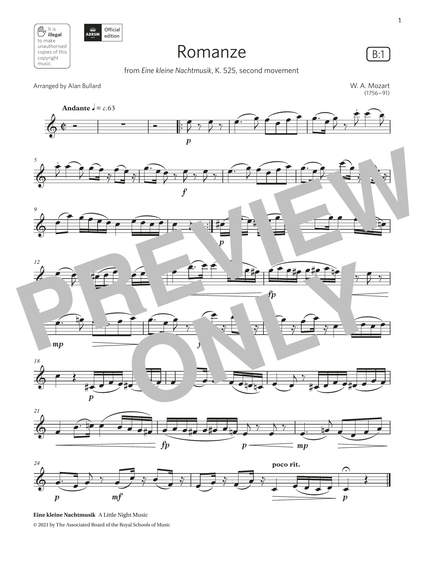 Wolfgang Amadeus Mozart Romanze (from Eine kleine Nachtmusik) (Grade 4 List B1 from the ABRSM Clarinet syllabus from 2022) Sheet Music Notes & Chords for Clarinet Solo - Download or Print PDF