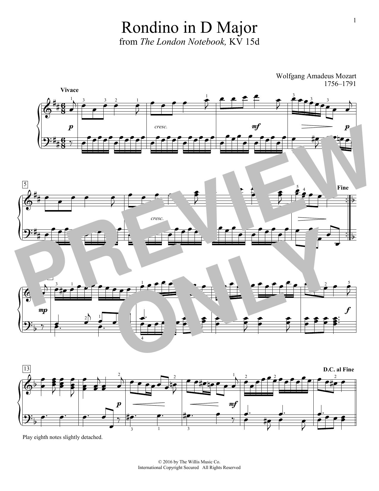 Wolfgang Amadeus Mozart Rondino In D Major Sheet Music Notes & Chords for Educational Piano - Download or Print PDF