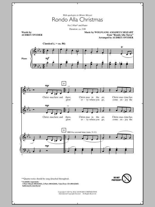 Wolfgang Amadeus Mozart Rondo Alla Christmas (arr. Audrey Snyder) Sheet Music Notes & Chords for 3-Part Mixed - Download or Print PDF