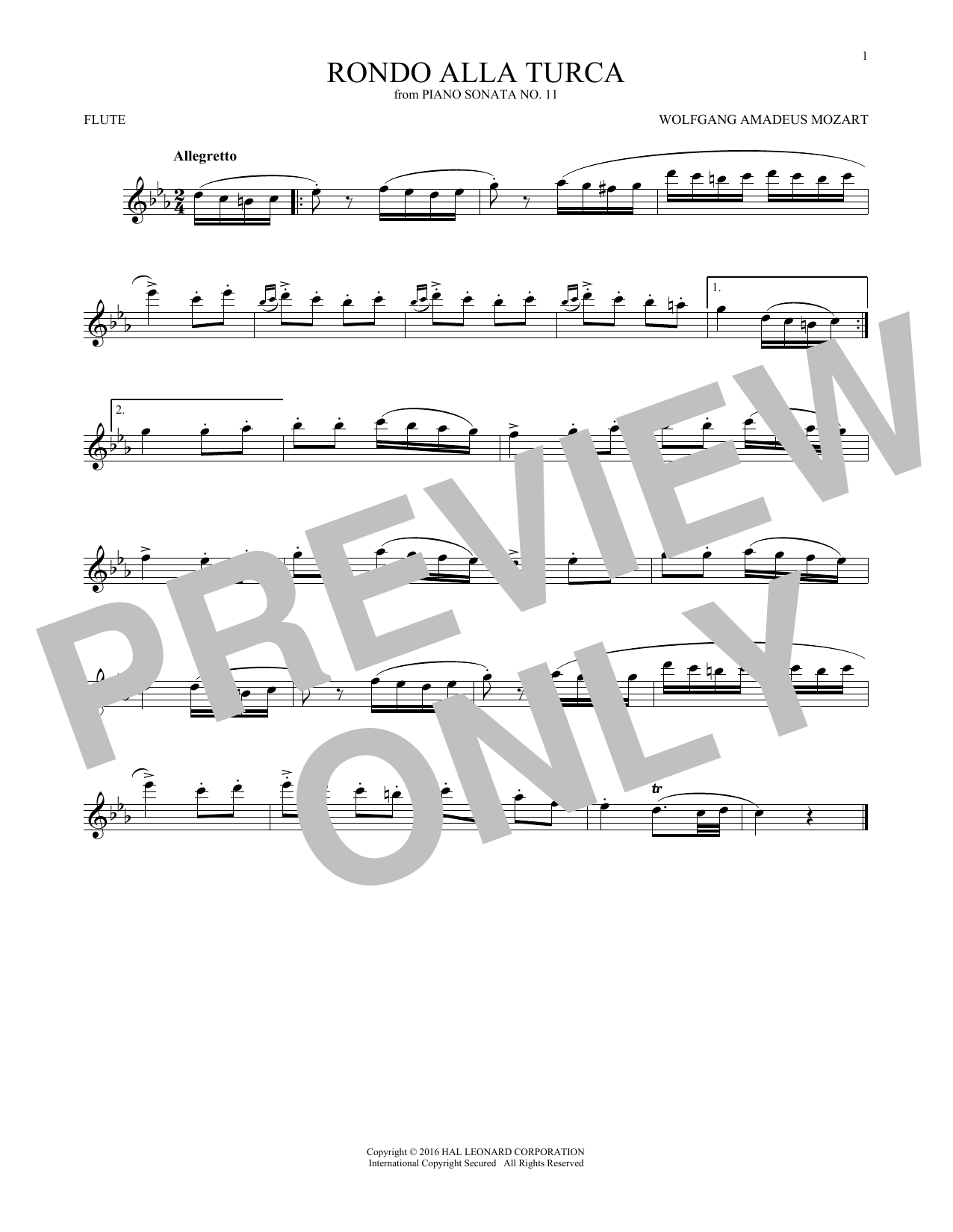 Wolfgang Amadeus Mozart Rondo Alla Turca Sheet Music Notes & Chords for Flute - Download or Print PDF