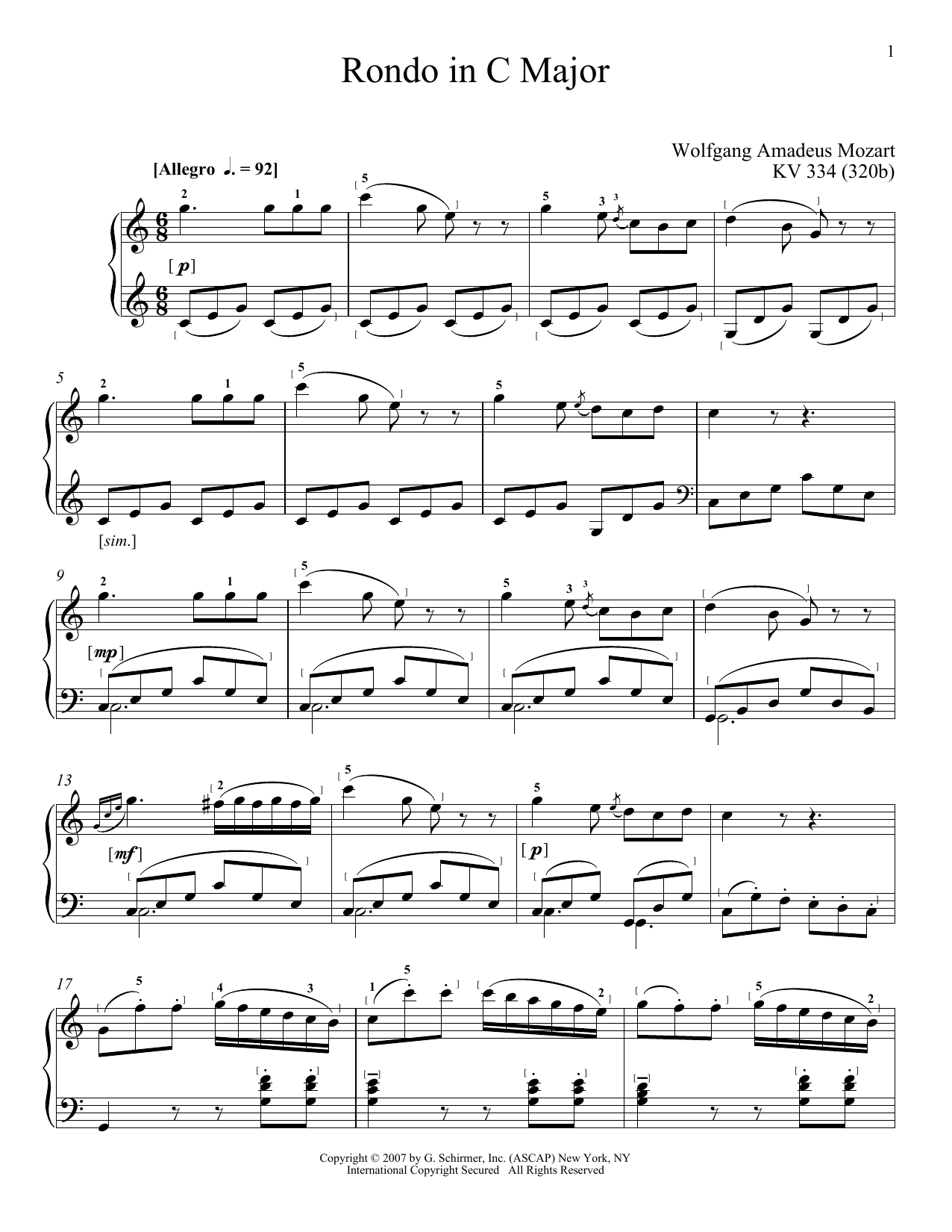 Wolfgang Amadeus Mozart Rondo In C Major Sheet Music Notes & Chords for Piano - Download or Print PDF