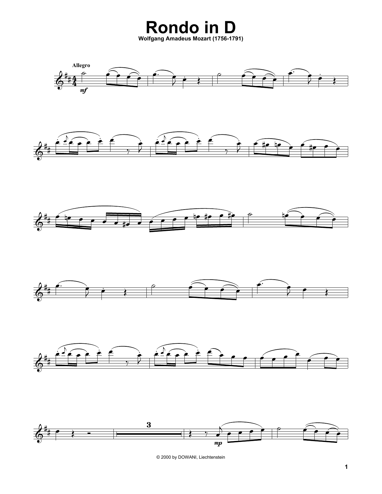 Wolfgang Amadeus Mozart Rondo In D Major, K. 485 Sheet Music Notes & Chords for Violin Solo - Download or Print PDF