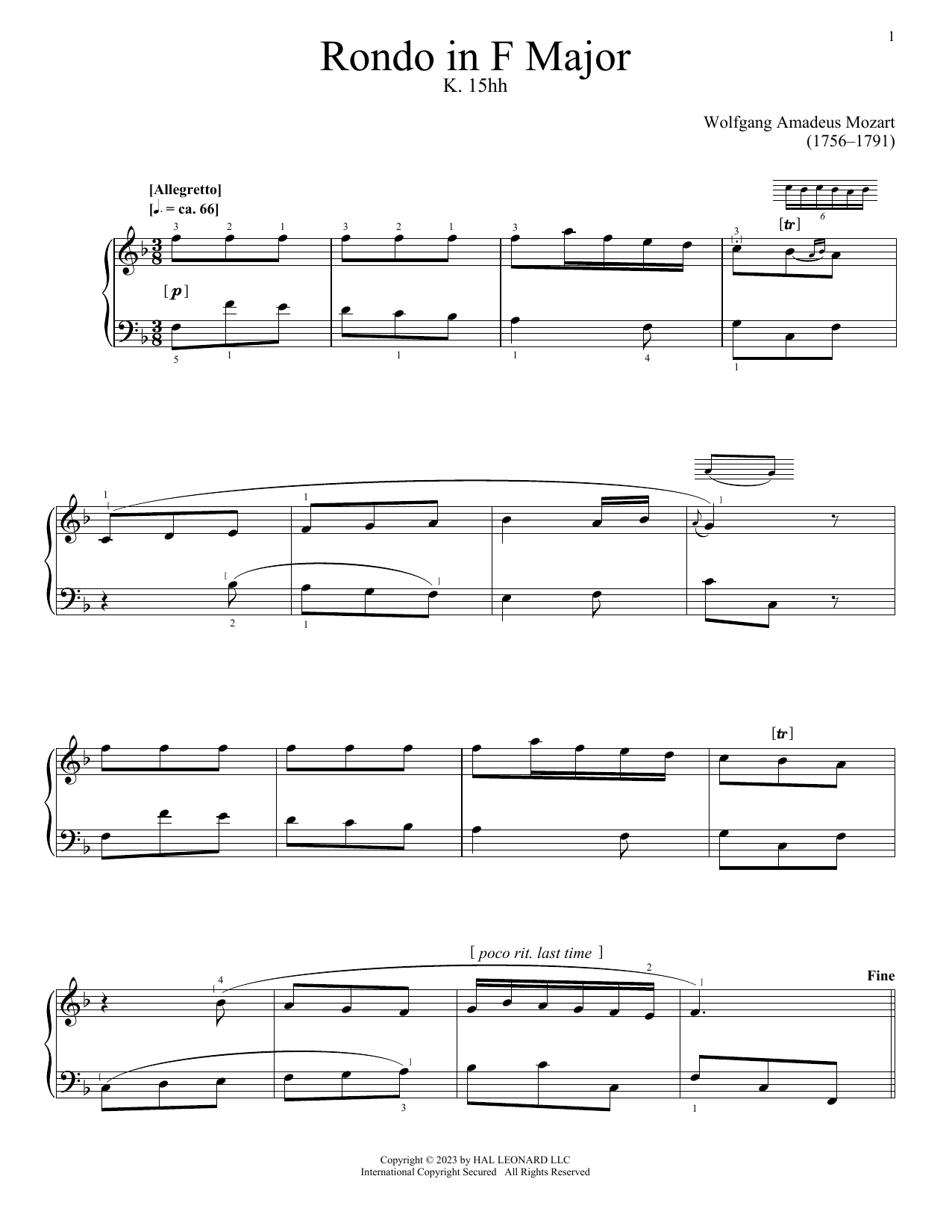 Wolfgang Amadeus Mozart Rondo, K. 15hh Sheet Music Notes & Chords for Piano Solo - Download or Print PDF