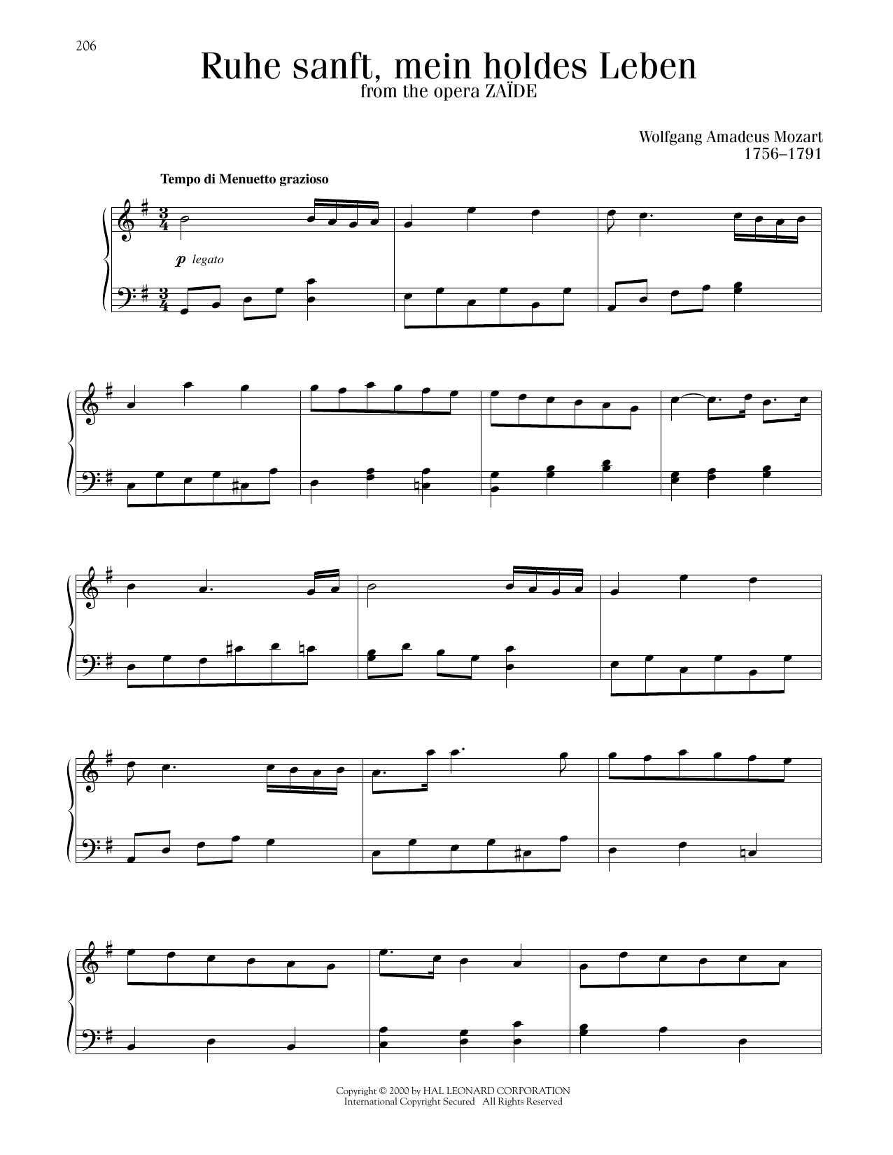 Wolfgang Amadeus Mozart Ruhe Sanft, Mein Holdes Leben Sheet Music Notes & Chords for Piano Solo - Download or Print PDF