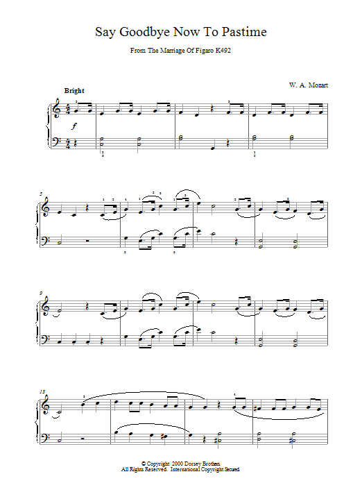 Wolfgang Amadeus Mozart Say Goodbye Now To Pastime From The Marriage Of Figaro K492 Sheet Music Notes & Chords for Piano - Download or Print PDF