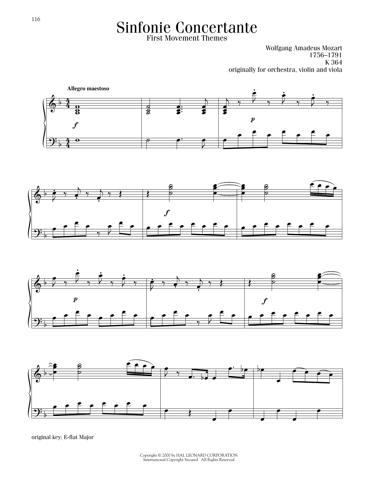 Wolfgang Amadeus Mozart Sinfonie Concertante, First Movement Themes Sheet Music Notes & Chords for Piano Solo - Download or Print PDF
