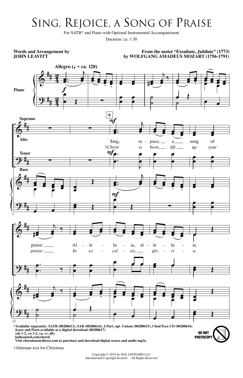 Wolfgang Amadeus Mozart Sing, Rejoice A Song Of Praise (arr. John Leavitt) Sheet Music Notes & Chords for SAB Choir - Download or Print PDF