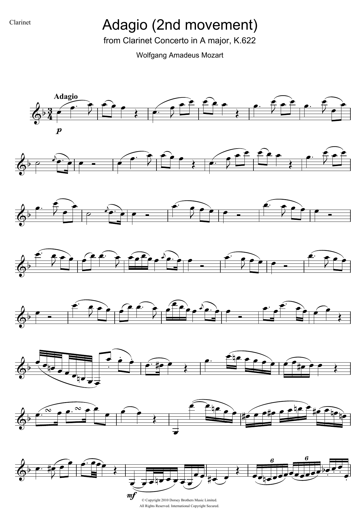 Wolfgang Amadeus Mozart Slow Movement Theme (from Clarinet Concerto K622) Sheet Music Notes & Chords for Clarinet - Download or Print PDF