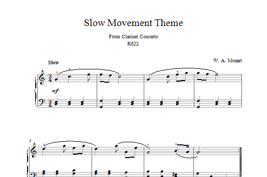 Wolfgang Amadeus Mozart Slow Movement Theme (from Clarinet Concerto K622) Sheet Music Notes & Chords for Beginner Piano - Download or Print PDF
