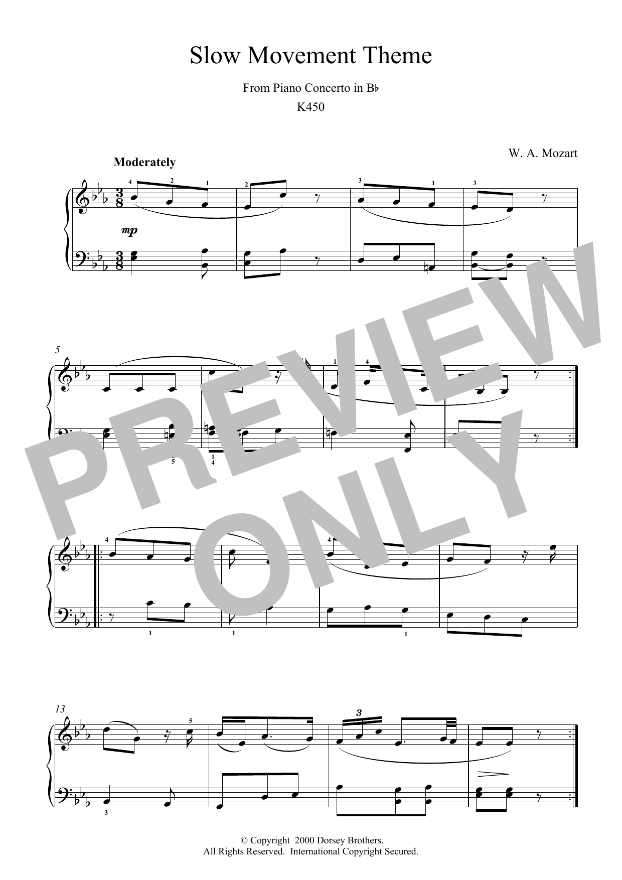 Wolfgang Amadeus Mozart Slow Movement Theme from Piano Concerto in B Flat K450 Sheet Music Notes & Chords for Piano - Download or Print PDF