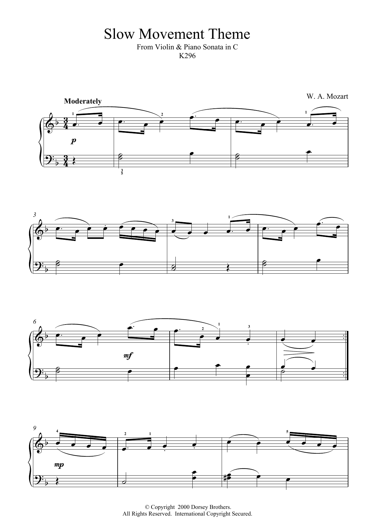Wolfgang Amadeus Mozart Slow Movement Theme from Violin and Piano Sonata in C, K296 Sheet Music Notes & Chords for Piano - Download or Print PDF