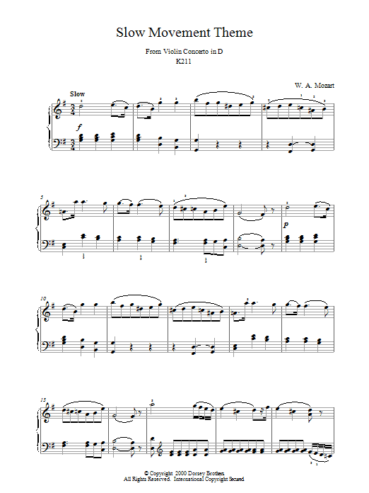 Wolfgang Amadeus Mozart Slow Movement Theme from Violin Concerto in D Sheet Music Notes & Chords for Piano - Download or Print PDF