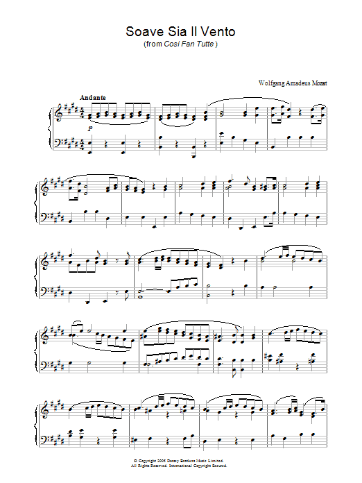 Wolfgang Amadeus Mozart Soave Sia Il Vento (from Cosi Fan Tutte) Sheet Music Notes & Chords for Piano - Download or Print PDF