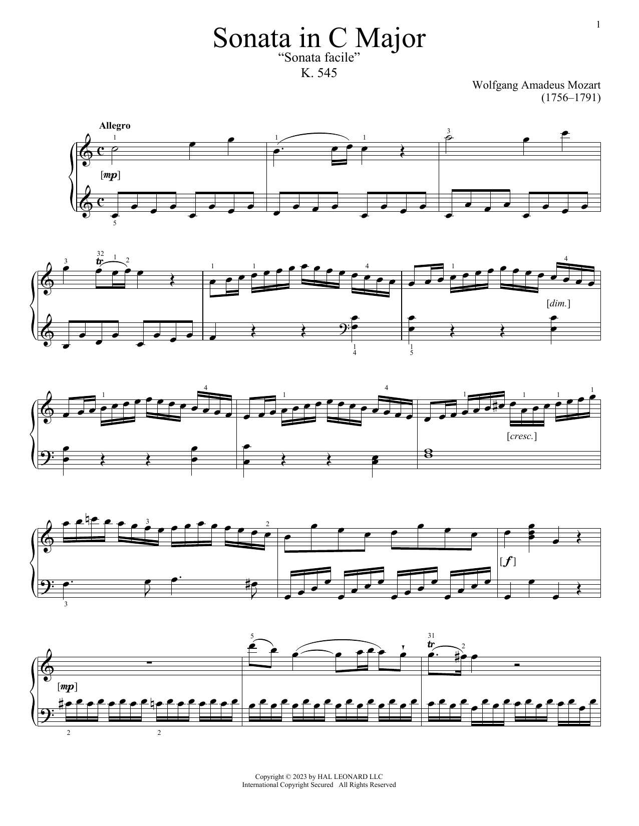 Wolfgang Amadeus Mozart Sonata In C Major, K. 545 Sheet Music Notes & Chords for Piano Solo - Download or Print PDF