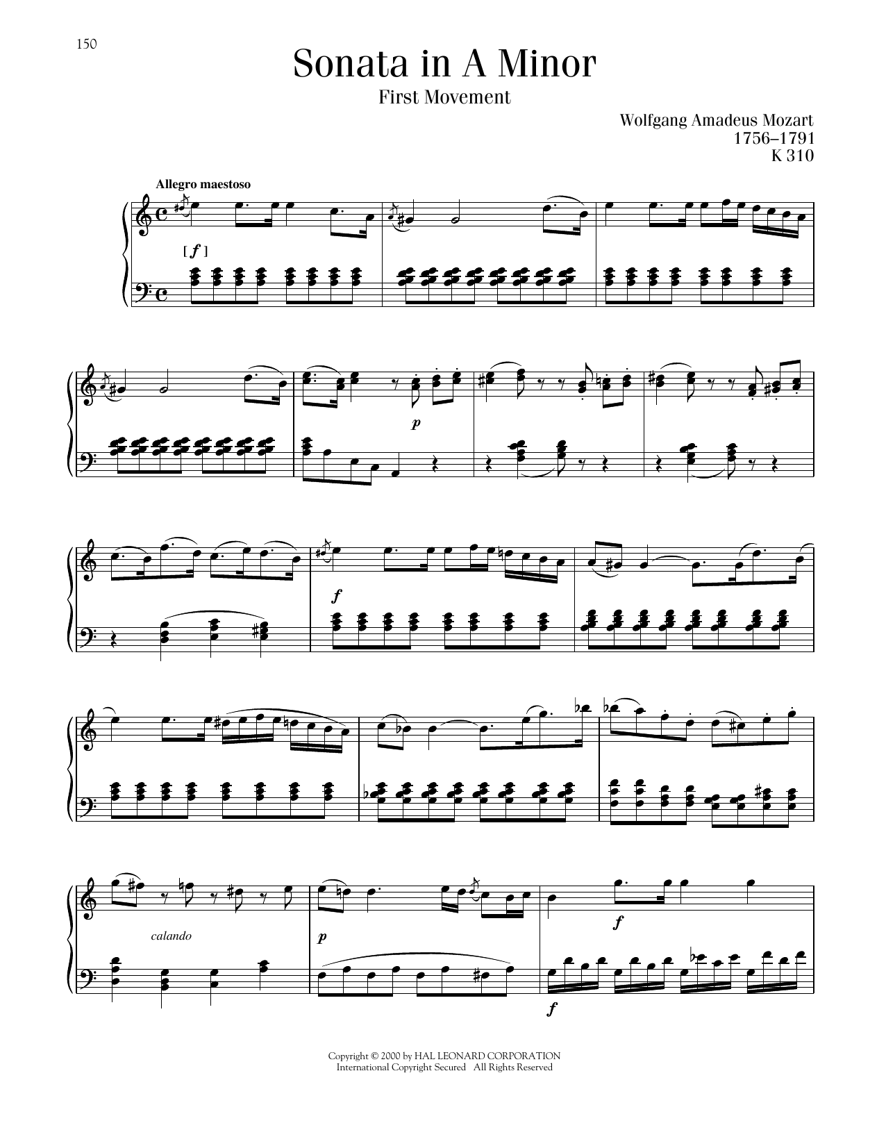 Wolfgang Amadeus Mozart Sonata No. 8 In A Minor, K. 310 Sheet Music Notes & Chords for Piano Solo - Download or Print PDF