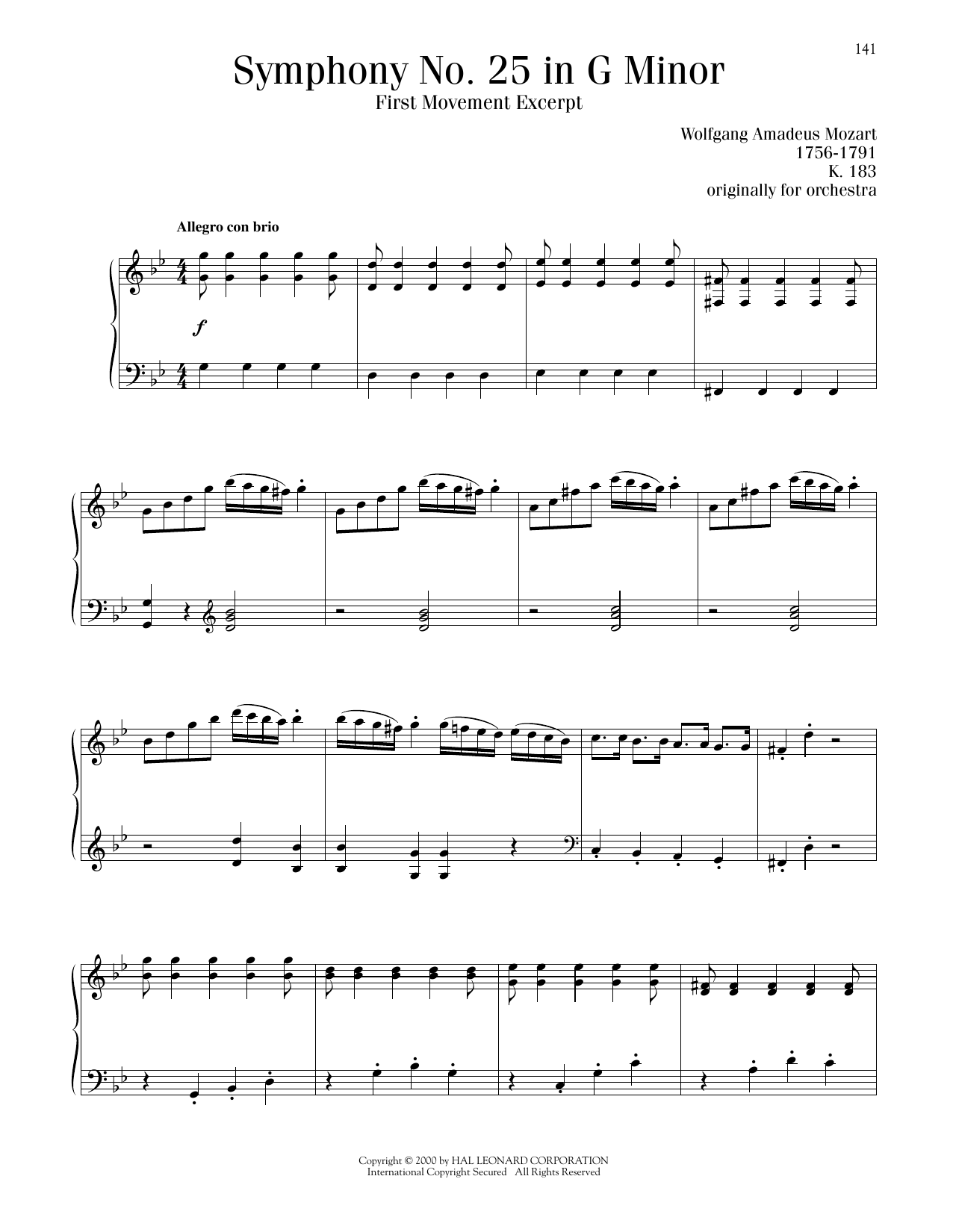 Wolfgang Amadeus Mozart Symphony No. 25, First Movement Excerpt Sheet Music Notes & Chords for Piano Solo - Download or Print PDF