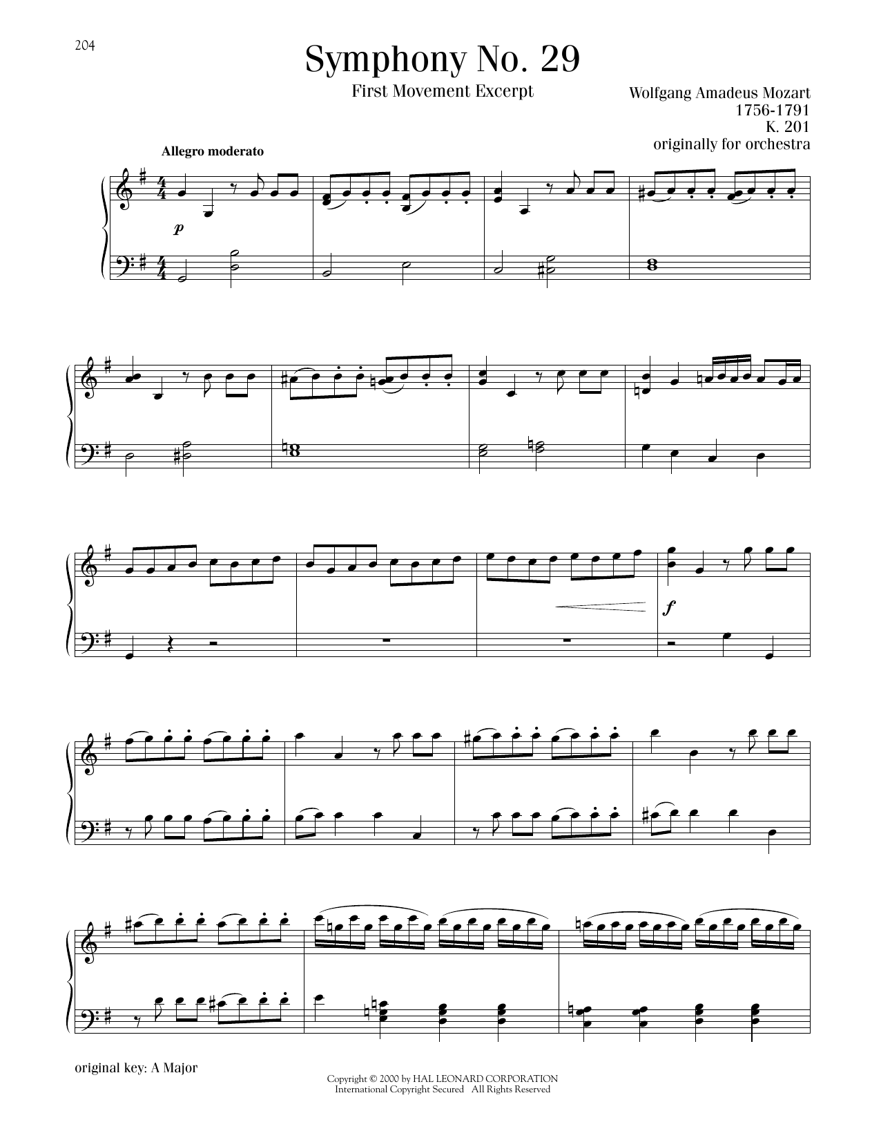 Wolfgang Amadeus Mozart Symphony No. 29, First Movement Excerpt Sheet Music Notes & Chords for Piano Solo - Download or Print PDF