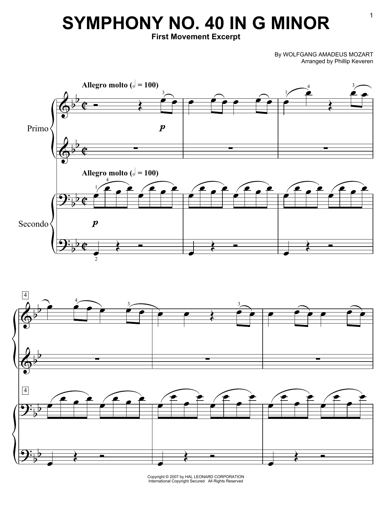 Phillip Keveren Symphony No. 40 In G Minor, First Movement Excerpt Sheet Music Notes & Chords for Easy Piano Duet - Download or Print PDF