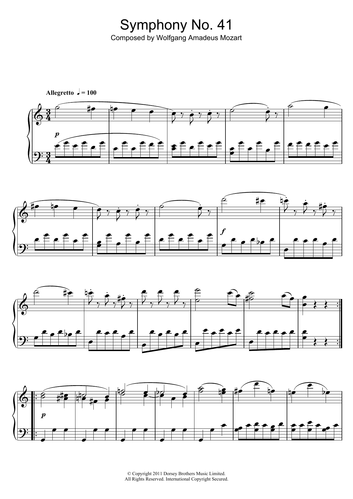 Wolfgang Amadeus Mozart Symphony No.41 'Jupiter' (3rd Movement: Minuet) Sheet Music Notes & Chords for Piano - Download or Print PDF