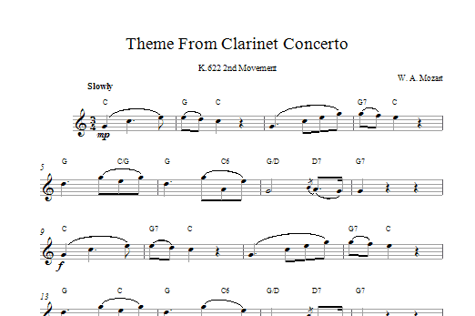 Wolfgang Amadeus Mozart Slow Movement Theme (from Clarinet Concerto K622) Sheet Music Notes & Chords for Melody Line & Chords - Download or Print PDF