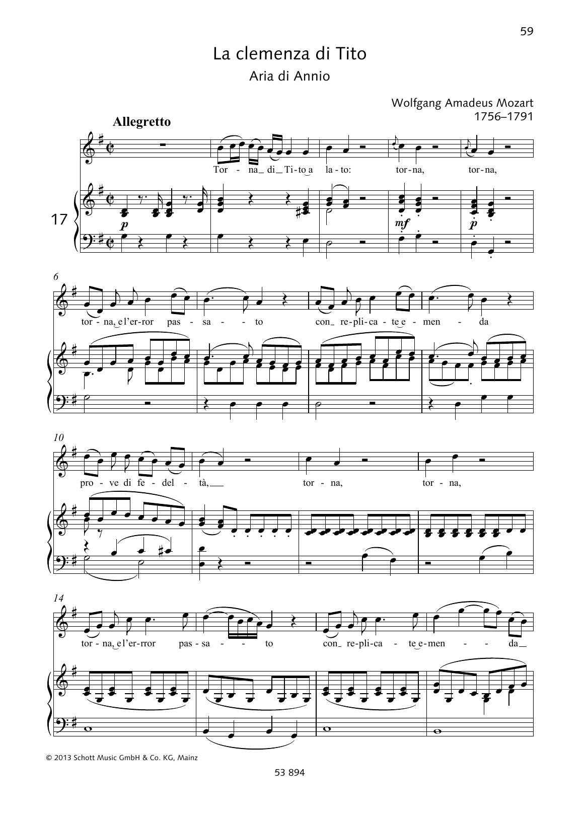 Wolfgang Amadeus Mozart Torna di Tito a lato Sheet Music Notes & Chords for Piano & Vocal - Download or Print PDF