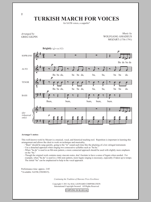 Wolfgang Amadeus Mozart Turkish March (arr. Greg Gilpin) Sheet Music Notes & Chords for SATB - Download or Print PDF