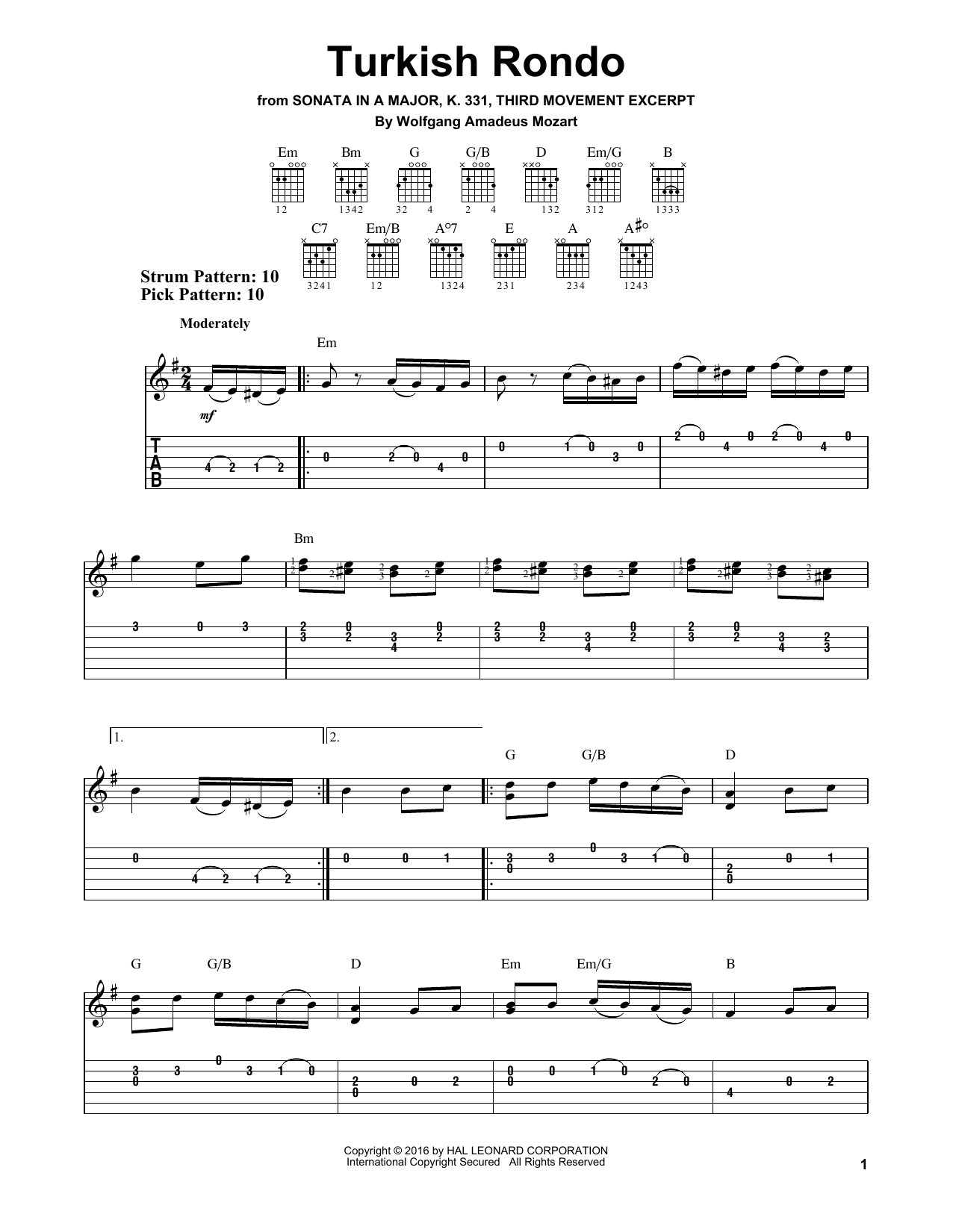 Wolfgang Amadeus Mozart Turkish Rondo Sheet Music Notes & Chords for Easy Guitar Tab - Download or Print PDF