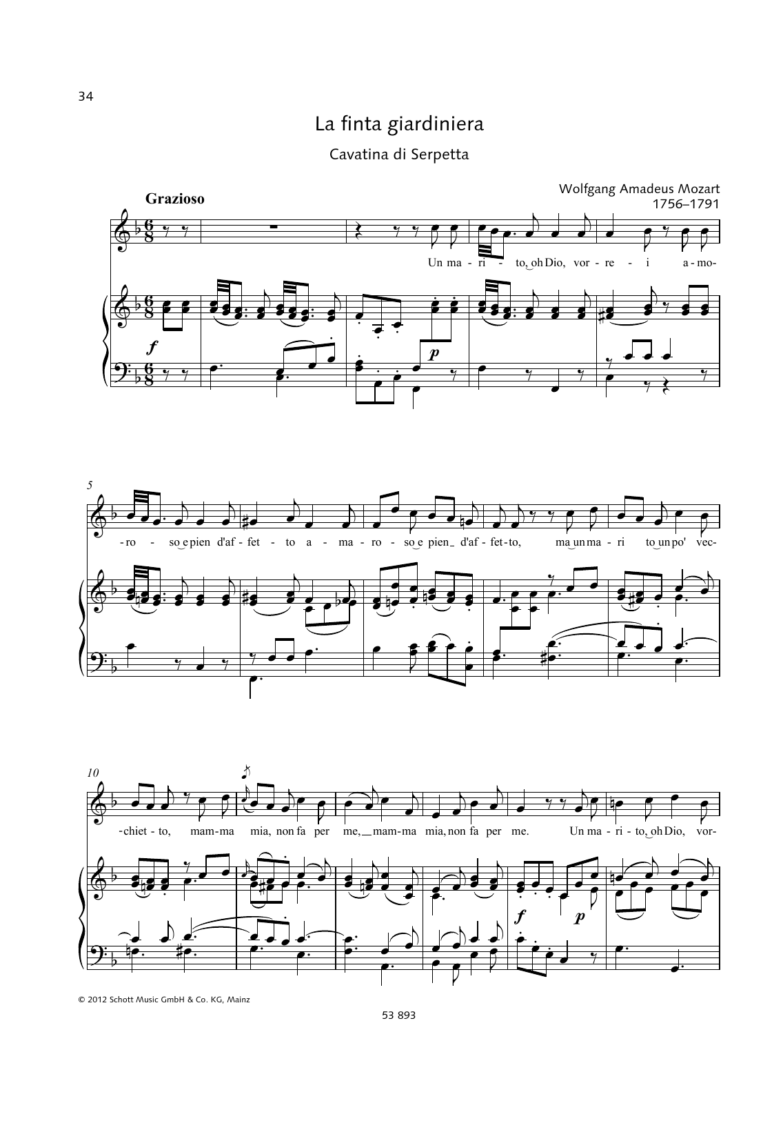 Wolfgang Amadeus Mozart Un marito, oh Dio, vorrei Sheet Music Notes & Chords for Piano & Vocal - Download or Print PDF
