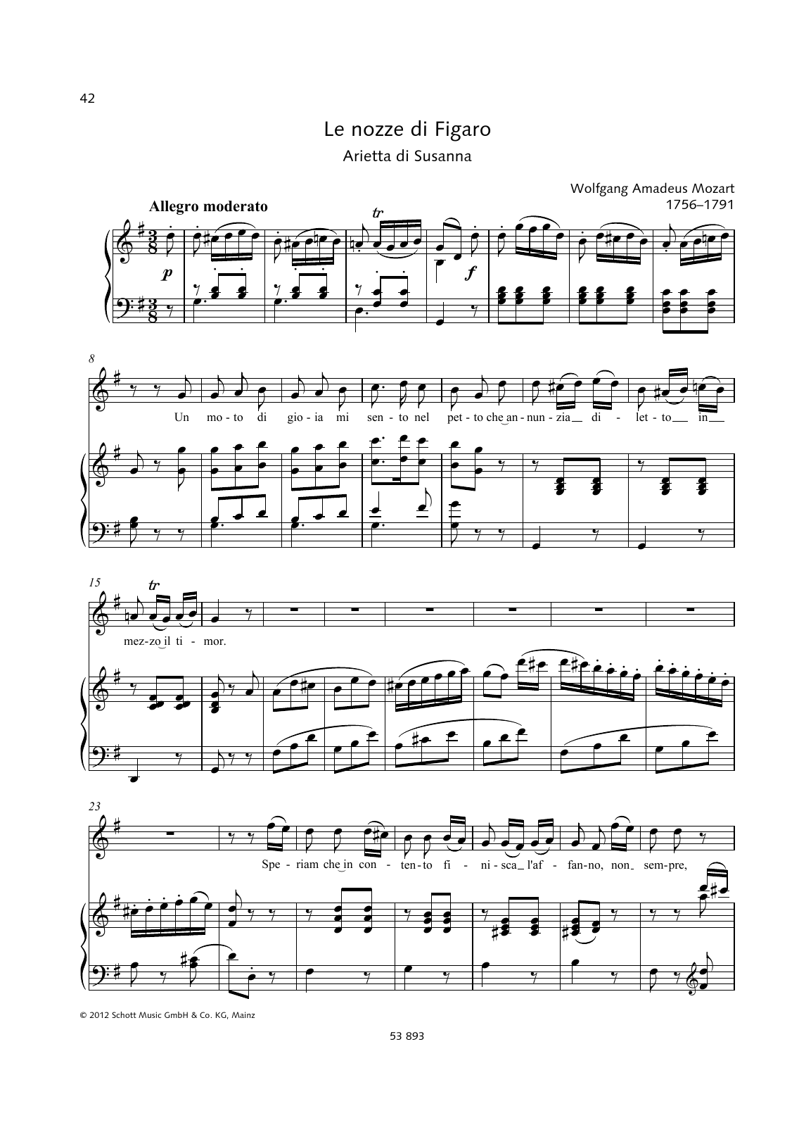 Wolfgang Amadeus Mozart Un Moto di Gioia Sheet Music Notes & Chords for Piano & Vocal - Download or Print PDF