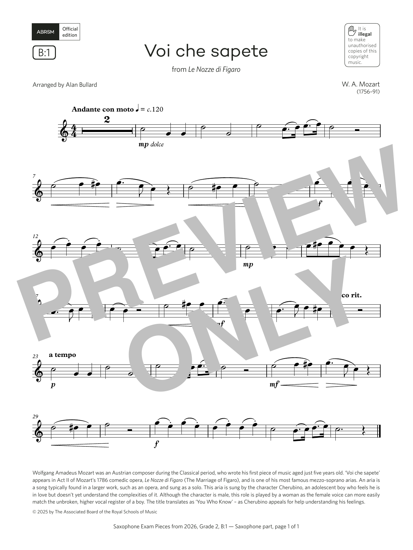 Wolfgang Amadeus Mozart Voi che sapete (Grade 2, list B1, from the ABRSM Saxophone Syllabus from 2026) Sheet Music Notes & Chords for Alto Sax Solo - Download or Print PDF