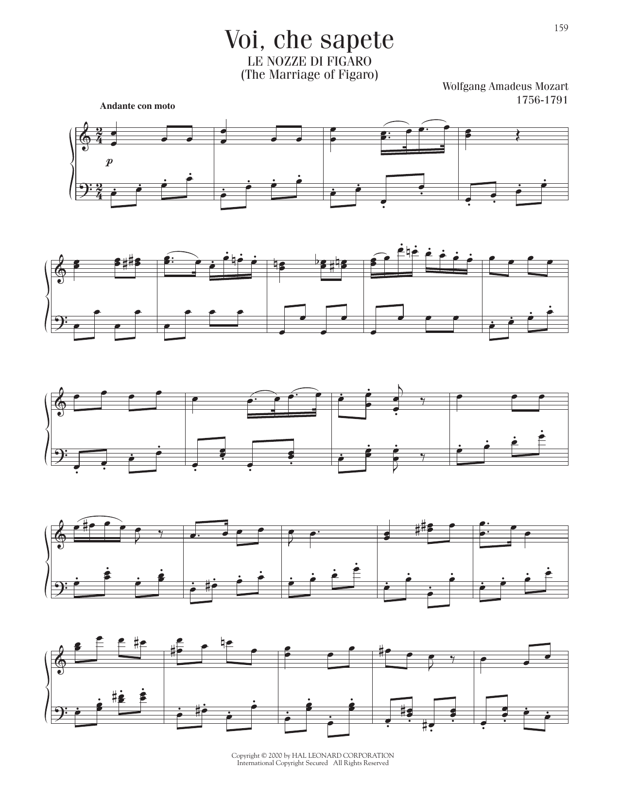 Wolfgang Amadeus Mozart Voi, Che Sapete (The Marriage Of Figaro) Sheet Music Notes & Chords for Piano Solo - Download or Print PDF
