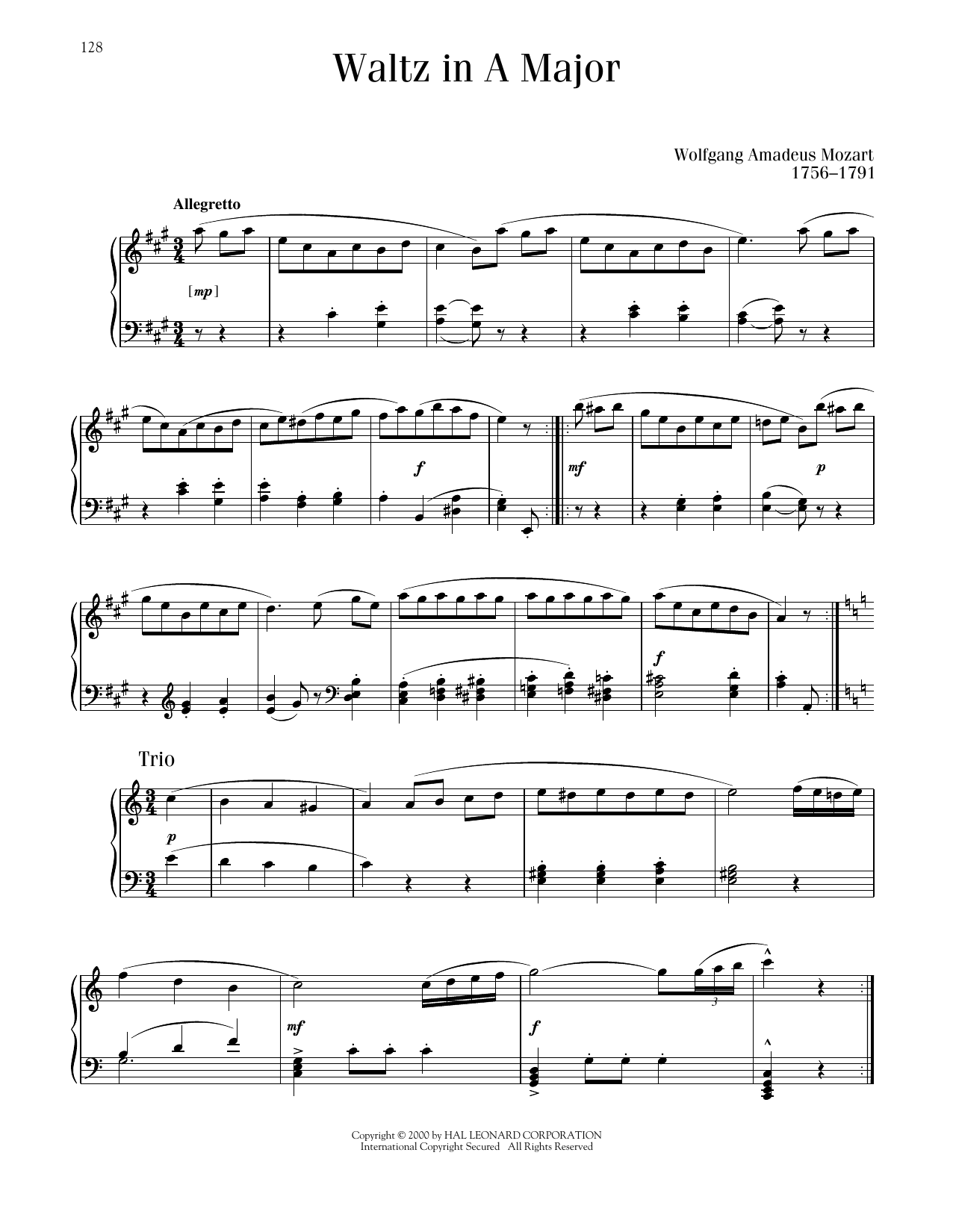 Wolfgang Amadeus Mozart Waltz In A Major Sheet Music Notes & Chords for Piano Solo - Download or Print PDF