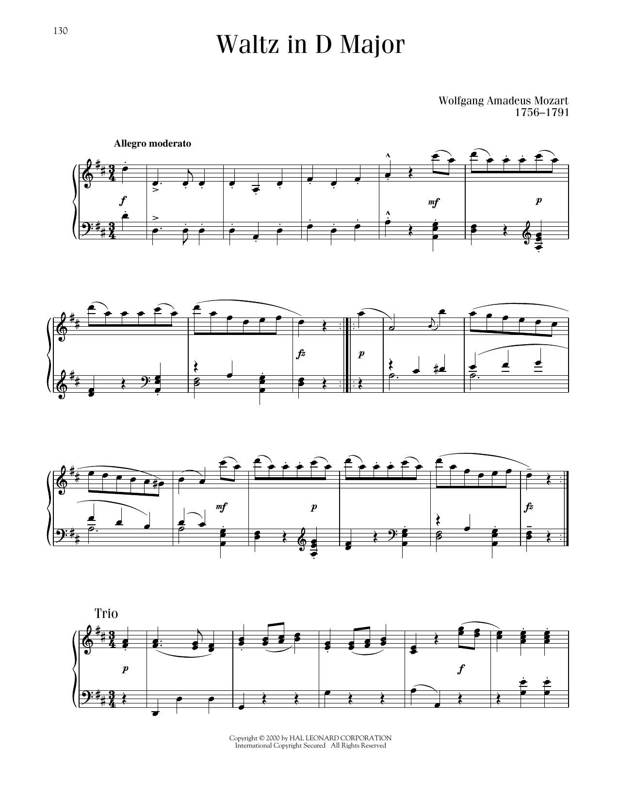 Wolfgang Amadeus Mozart Waltz In D Major Sheet Music Notes & Chords for Piano Solo - Download or Print PDF