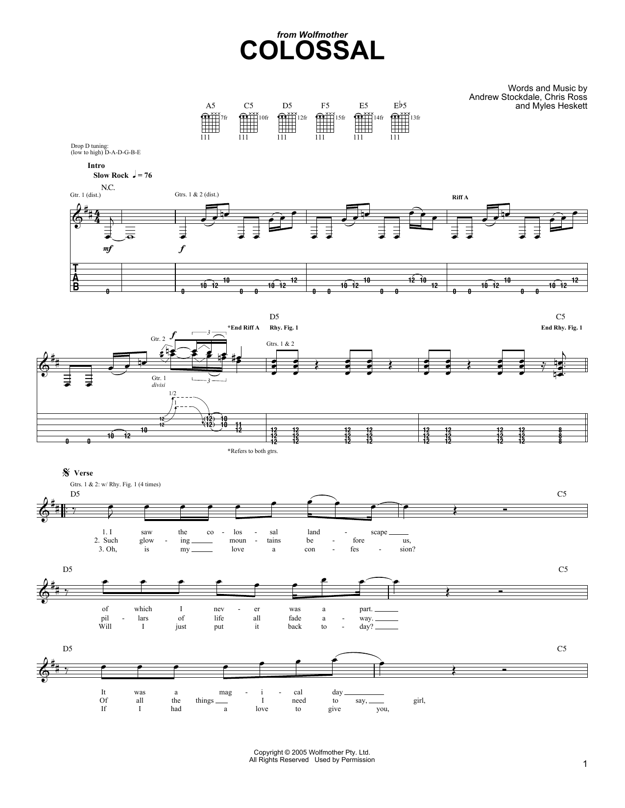 Wolfmother Colossal Sheet Music Notes & Chords for Guitar Tab - Download or Print PDF