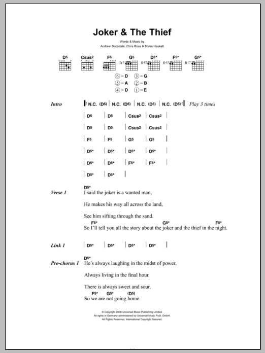 Wolfmother Joker & The Thief Sheet Music Notes & Chords for Lyrics & Chords - Download or Print PDF