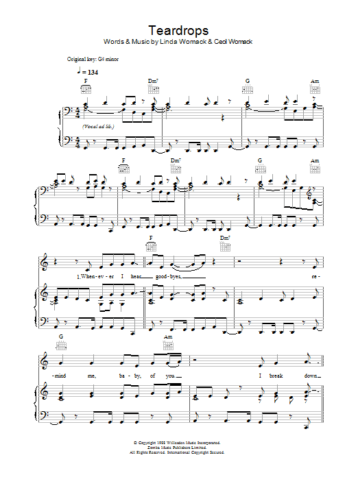 Womack & Womack Teardrops Sheet Music Notes & Chords for Piano, Vocal & Guitar (Right-Hand Melody) - Download or Print PDF