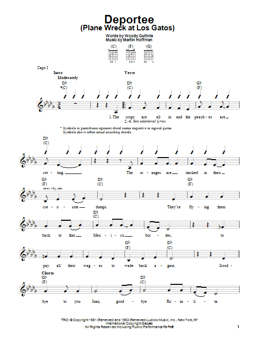 Woody Guthrie Deportee (Plane Wreck At Los Gatos) Sheet Music Notes & Chords for Easy Guitar - Download or Print PDF