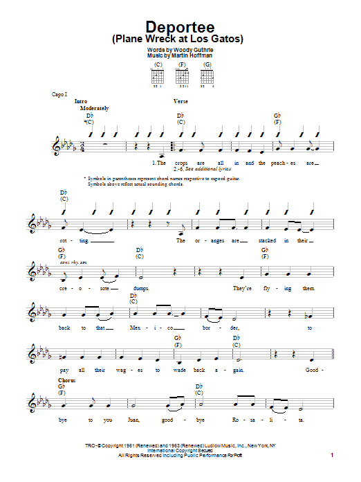 Woody Guthrie Deportee (Plane Wreck At Los Gatos) Sheet Music Notes & Chords for Ukulele - Download or Print PDF