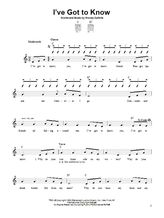 Woody Guthrie I've Got To Know Sheet Music Notes & Chords for Easy Guitar - Download or Print PDF