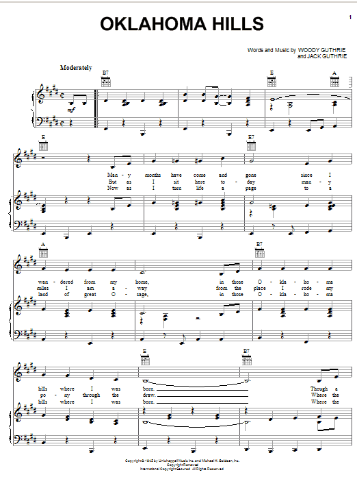 Woody Guthrie Oklahoma Hills Sheet Music Notes & Chords for Piano, Vocal & Guitar (Right-Hand Melody) - Download or Print PDF