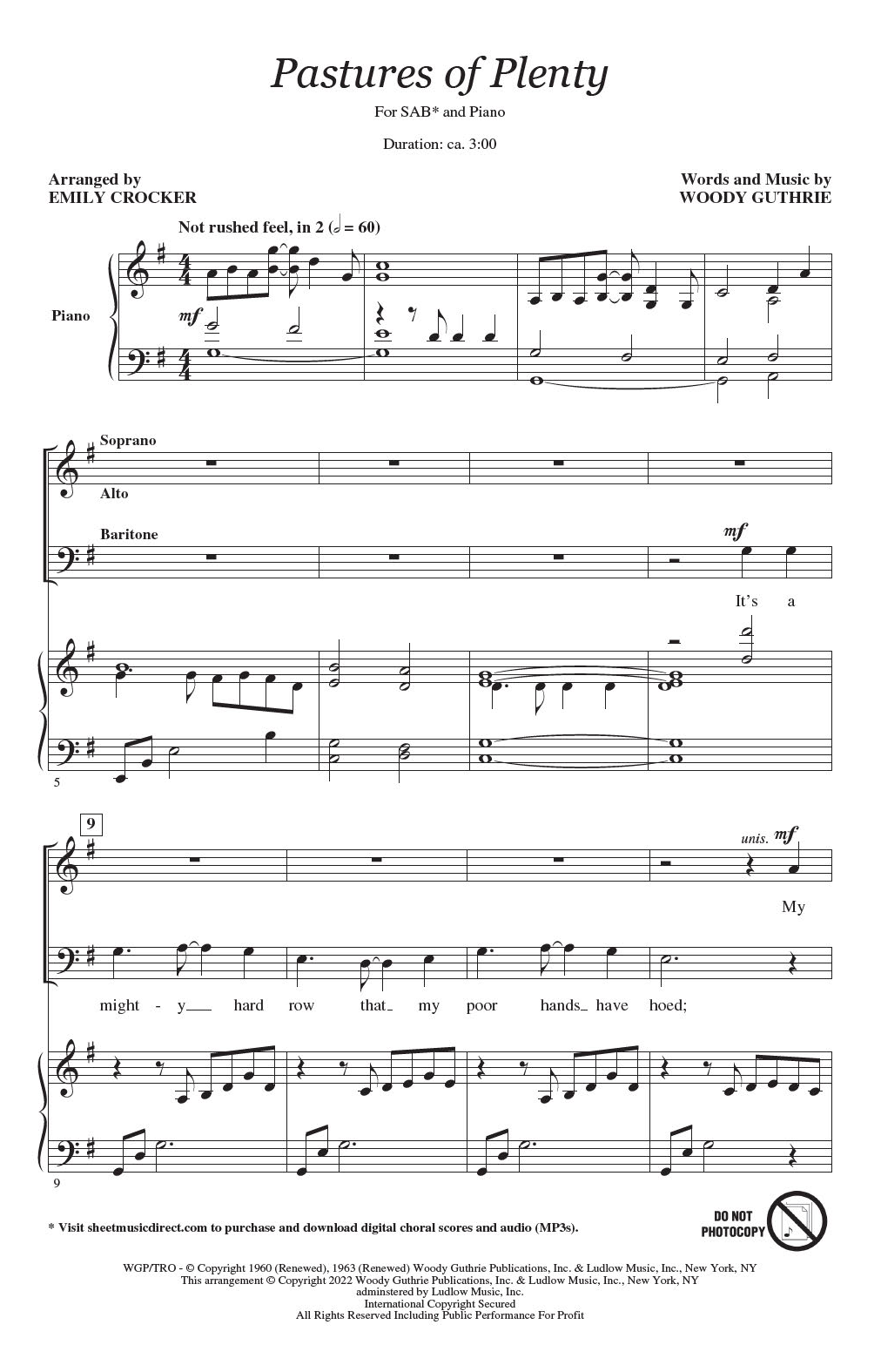 Woody Guthrie Pastures Of Plenty (arr. Emily Crocker) Sheet Music Notes & Chords for SAB Choir - Download or Print PDF