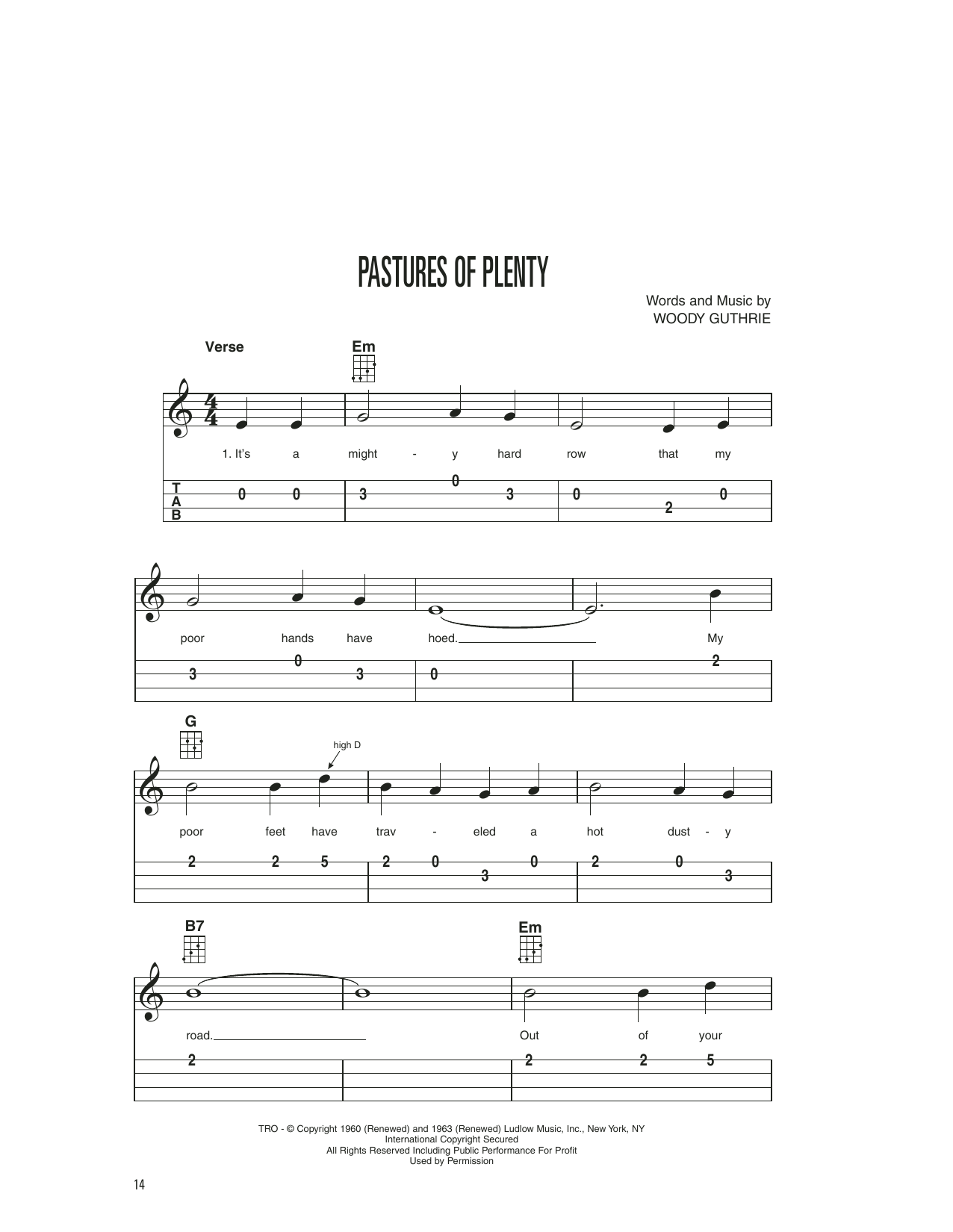 Woody Guthrie Pastures Of Plenty Sheet Music Notes & Chords for Easy Ukulele Tab - Download or Print PDF