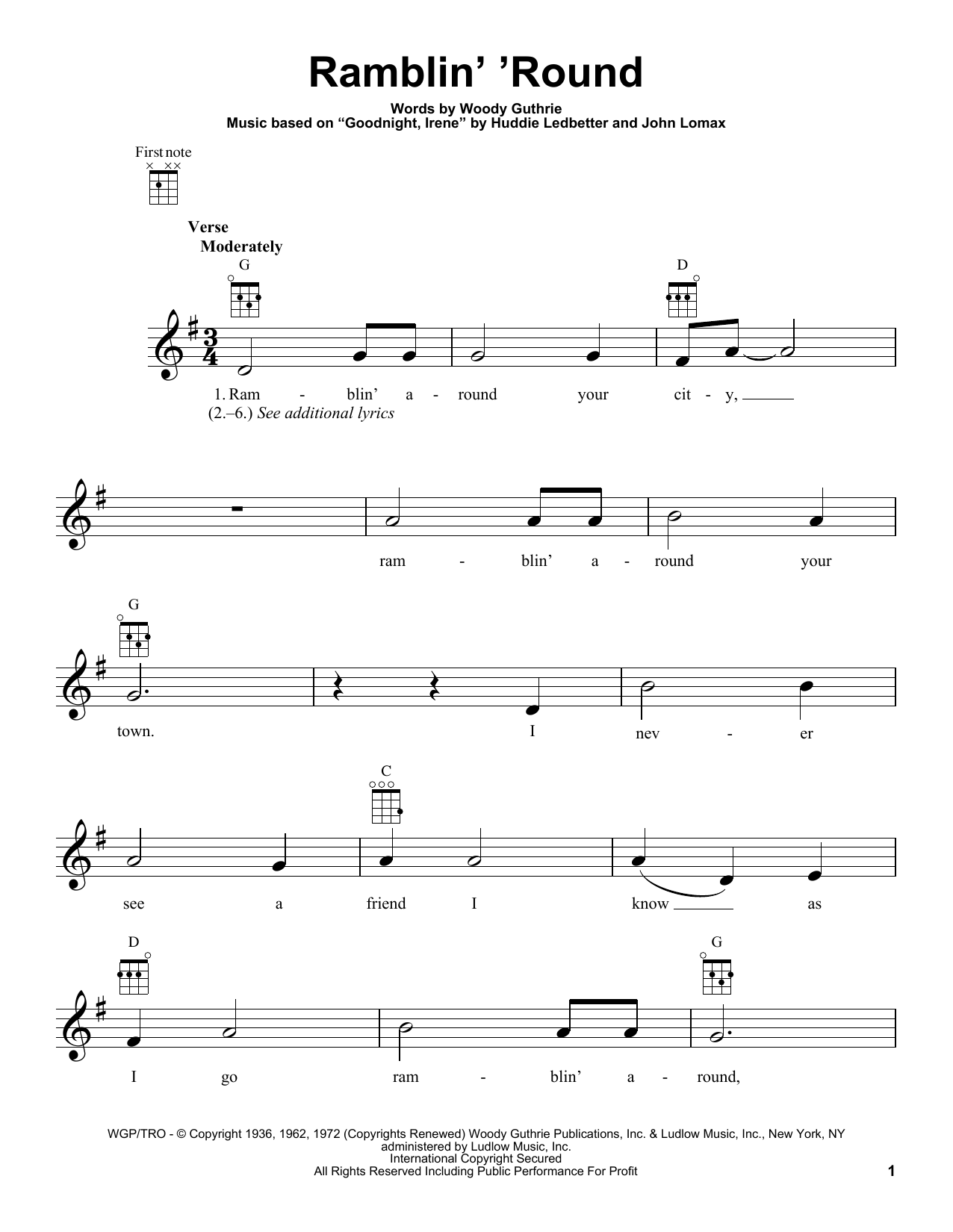 Woody Guthrie Ramblin' 'Round Sheet Music Notes & Chords for Ukulele - Download or Print PDF