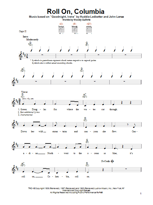 Woody Guthrie Roll On, Columbia Sheet Music Notes & Chords for Easy Guitar - Download or Print PDF