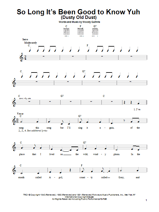 Woody Guthrie So Long It's Been Good To Know Yuh (Dusty Old Dust) Sheet Music Notes & Chords for Ukulele - Download or Print PDF